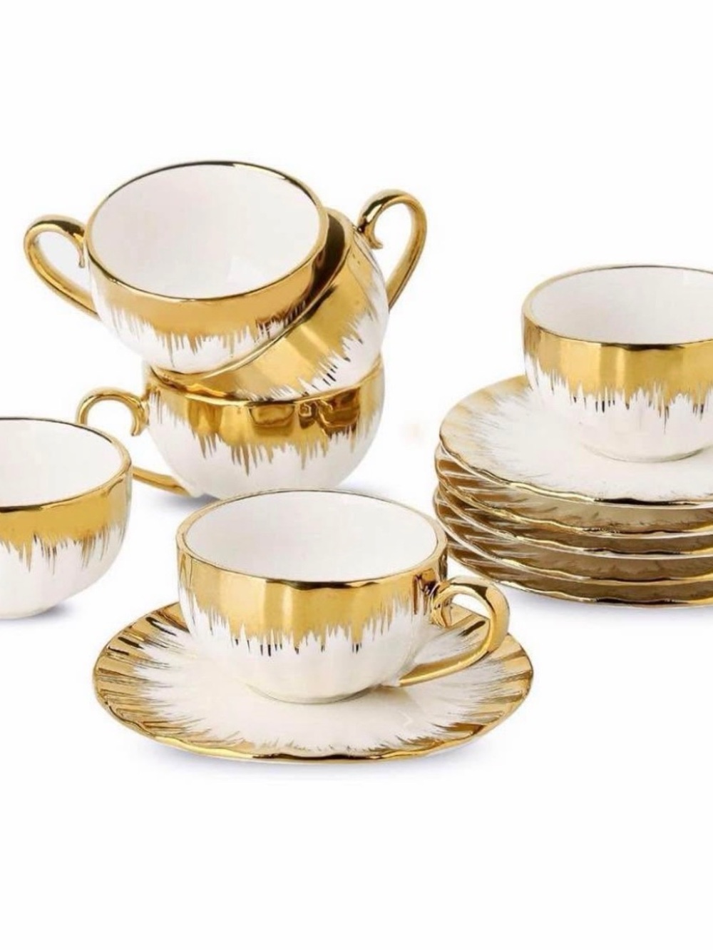 Elegant White and Gold Porcelain Tea Cup and Saucer Set of 6